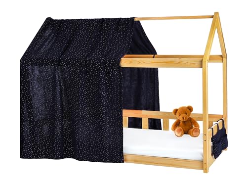 Lovely Hippo Hausbett Himmel Deko-Set für Kinderbett mit Baldachin, Bettwäsche aus Baumwollmusselin für Kinderbett bis 3,7m Länge – Kinderzimmerdekoration (Modell 1 + Tasche, Nachtblau/Gold) von Lovely Hippo