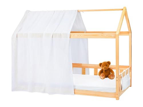 Lovely Hippo Hausbett Himmel Deko-Set für Kinderbett mit Baldachin, Bettwäsche aus Baumwollmusselin für Kinderbett bis 3,7m Länge – Kinderzimmerdekoration (Modell 1 + Tasche, Weiß/Gold) von Lovely Hippo