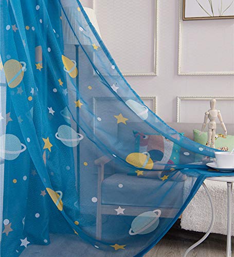 Lsimeru 2er Pack Vorhänge Transparent Kinderzimmer Sterne Planet Muster 260x140 Blau Voile Gardinen Lichtdurchlässige Ösenvorhang Baby Kinder für Schlafzimmer von Lsimeru
