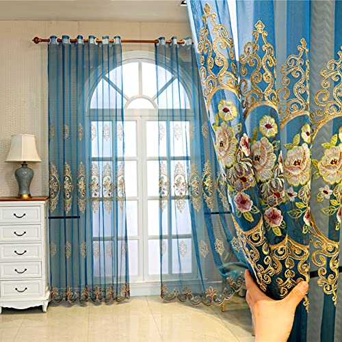 Lsimeru Blumen Vorhang Transparent mit Ösen Blau Stickerei Vintage Barock Luxus 2 Stücke Ösenvorhang Gardinen Durchsichtig Dekoschal Wohnzimmer Schlafzimmer,140x145 von Lsimeru