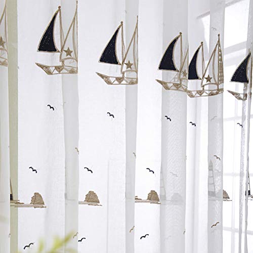Lsimeru Kinder Vorhang Transparent Jungen Mädchen Segelboot Muster 140x160 Kurz Voile Vorhäng Gardine Kräuselband Fensterschals Lichtdurchlässige Babyzimmer von Lsimeru