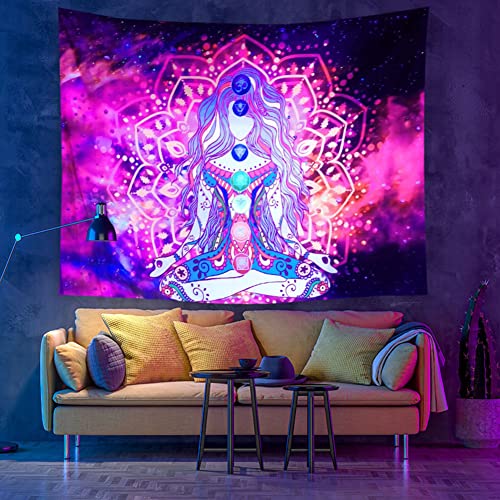 Lsimeru UV Wandteppich Leuchtet im Dunkeln 150x100 Wanddeko Wandtücher Yoga Lotus Silhouette Chakren Bunt Wandbehang Wandtuch für Schlafzimmer Wohnzimmer von Lsimeru