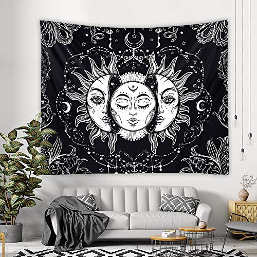 Lsimeru Wandteppich Sonne Mond Sterne 150x100 Abstrakt Kunst Schwarz Weiß Wandbehang Psychedelic Schwarzlicht Wandtuch Tapestry Wandkunst Schlafzimmer Deko von Lsimeru