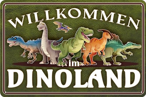 30 x 20 cm Blechschild – lustiger Dino Spruch – Dinosaurier Kinderzimmer Deko Schild – Hinweis: „Willkommen im Dinoland“ von LuckyLinde