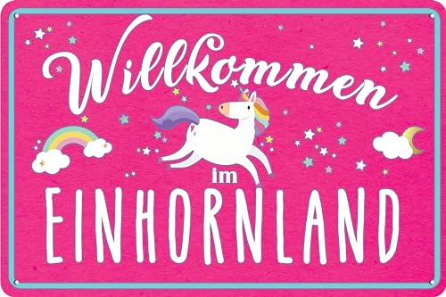 30 x 20 cm Blechschild – lustiger Einhorn Spruch - „Willkommen im Einhornland“ Kinderzimmer Deko Schild von LuckyLinde