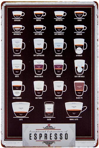 30 x 20 cm - Retro Küchen Blechschild - Kaffee, Espresso, Capucchino, Caffe Latte, Küchen Deko Schild, Übersicht, Poster, Erklärung, Rezept (Espresso) von LuckyLinde