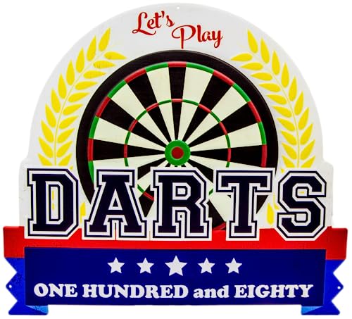 Großes 40 x 30 cm Blechschild, geprägtes Deko Schild für Darts Fans - Lets Play Darts - One Hundred and Eighty von LuckyLinde