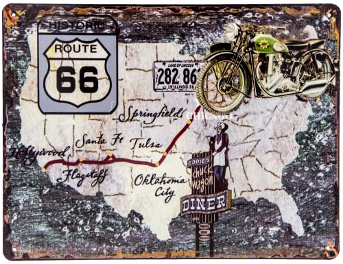 Retro Blechschild - US Route 66 Landkarte - Motorrad, Chopper, Nummernschild - Deko Schild, Werkstatt Diner Schild, 33 x 25 cm von LuckyLinde