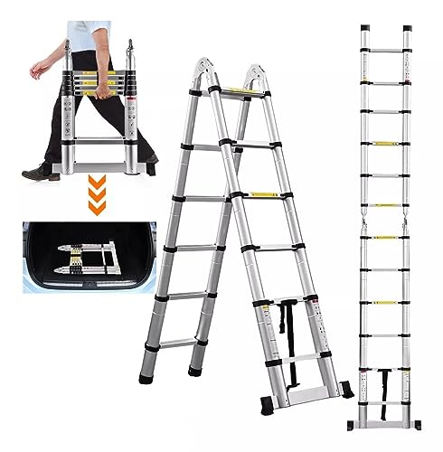 12,5FT ausziehbares Aluminium Professional Use Teleskopleiter Teleskopische faltende Leiter Verlängerung 1,9m+1,9m A-Rahmen 3,8m Leiter mit Stabilisator Bar für Gebäudewartungs-Fenster Reinigung von Lucn