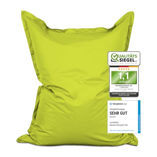 Lumaland Riesen-Sitzsack XXL 140x180 cm | Wasserfestes Indoor & Outdoor Liegekissen mit über 3 Mio. anpassungsfähigen EPS-Perlen | Bean Bag mit waschbarem Bezug & 5 Jahre Qualitätsversprechen [Grün] von Lumaland