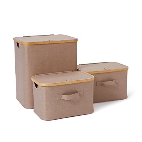 Lumaland Bambus-Rahmen Aufbewahrungsbox 3er Set rechteckig hoch | Boxen in den Maßen 40,5 x 33 x 45 cm und 2x 38 x 26 x 23 cm [Taupe] von Lumaland