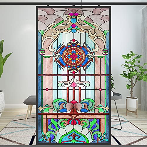 Sichtschutz-Fensterfolie im europäischen Kirchenstil, Buntglas, statische Haftung, dekorativ, mattiert, Fensteraufkleber (Muster: 60 x 120 cm) von Lumanduo