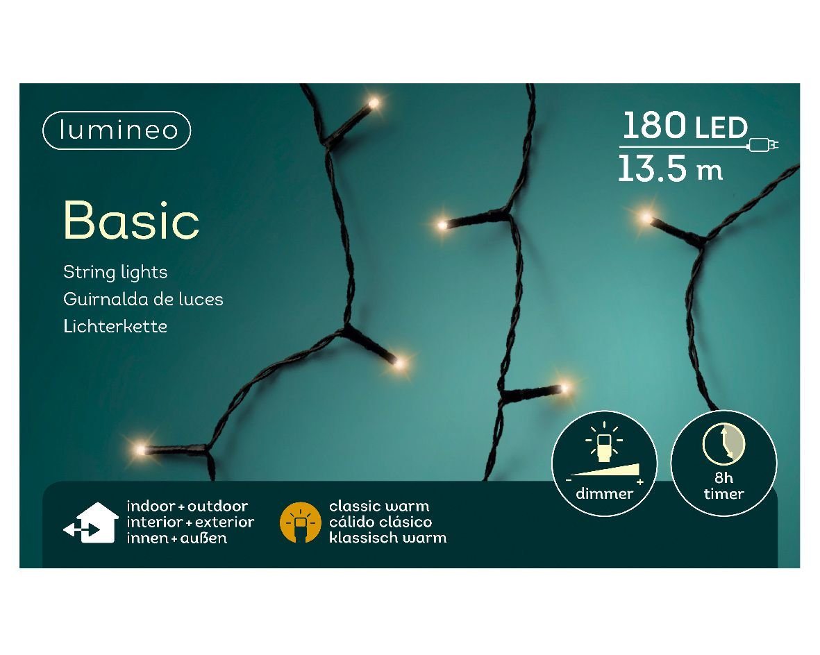Lumineo LED-Lichterkette Lumineo Lichterkette Basic 180 LED 13,5 m klassisch warm, schwarz, Indoor, Outdoor, dimmbar, 8h-Timer von Lumineo