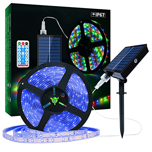 Solar LED Streifen Außen, 10m 560 LEDs Dimmbare Blaulicht LED Strip mit 8 Beleuchtungsmodi IP67 Wasserdichte 2835 SMD Lichterschläuche für Gartenbäume Weihnachtsfeier Dekoration von Lumtang