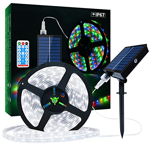 Solar LED Streifen Außen, 10m 560 LEDs Dimmbare Lichtleisten mit Fernbedienung Solarpanel Steuerbox, Kühles Weißes LED Lichter für Gartenbäume Zuhause Weihnachten Urlaub Terrasse Partydekoration von Lumtang