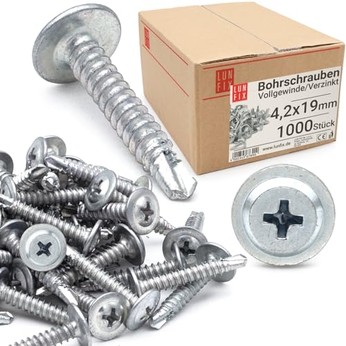 Lun Fix Bohrschrauben 4,2 x 19 mm | 1000 Stk. | Selbstbohrende, Selbstschneidende schrauben, mit Großer gewölbter Kopf, Blechschrauben selbstschneidend, Kreuzschlitz, Tellerkopf, Metallschrauben von Lun Fix