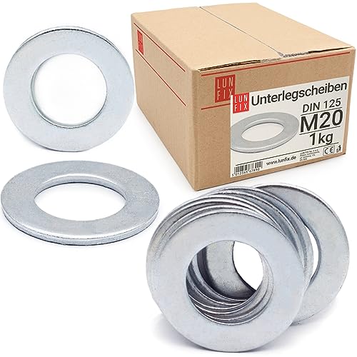 Lun Fix Unterlegscheiben M20 DIN 125 | 1Kg - ca.60 Stck.| Verzinkter Stahl, Unterlegscheibe für Schrauben Flach Beilagscheiben für Gewindebolzen & Gewindestangen, Flat Washers, dünnen Scheiben von Lun Fix