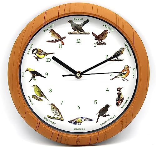 Luna24 simply great ideas... Vogelstimmen-Wanduhr mit 12 authentischen Vogelgesängen, Kuckuck, Zaunkönig, Rotkehlchen u.v.a. Nachtautomatik, d.h. in der Nacht schlafen die Vögel. von Luna24 simply great ideas...