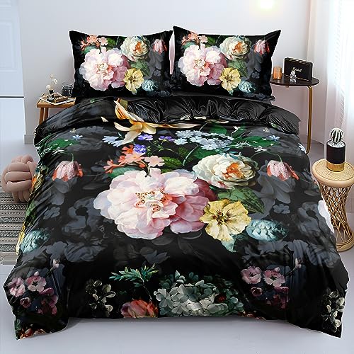 Blumen Bettwäsche 135x200 cm Vintage Schwarz Rosa Blüten Bunt Sommer 3D Geblümt Floral Pflanzen Muster Bettwäsche Set 2er Set Blumenmuster Microfaser Bettbezug Einzelbett und Kissenbezug 80x80cm von Luofanfei