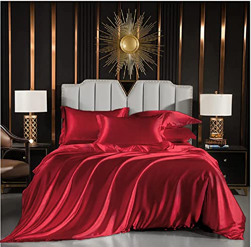 Luofanfei Rote Bettwäsche Satin 200x220 Glänzend Einfarbig Weinrote Bettbezug Doppelbett Set Seide Glatt Luxus Bettwäsche Set Glanzsatin Polyester mit Reissverschluss und Kissenbezüge 80x80 cm von Luofanfei