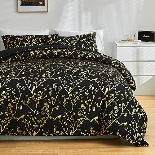 Schwarze Bettwäsche 200x220 Schwarz Gold Blumen Aesthetic Microfaser Bettwäsche-Sets Luxus Modern Bettbezug mit Metallic-Glitzermuster Wendebettwäsche und Kissenbezüge 80x80 mit Reißverschluss von Luofanfei