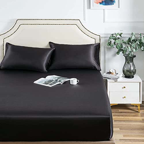 Spannbettlaken 160x200cm Schwarz Boxspringbett Satin Bettlaken Glänzend Seide Spannbetttuch Uni Muster Hochwertiges Spannbetttücher für Matratze Hohe bis 25-30 cm von Luofanfei