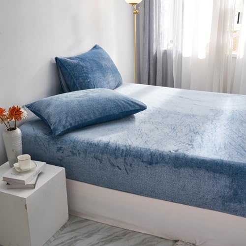 Winter Thermo Fleece Spannbettlaken 180x200 Boxspringbett Flausch Warm Flanell Blau Blaue Kuschelige Plüsch Bettlaken Frottee Spannleintuch 180 x 200 Leintuch Uni Bettspanntuch für Hohe Matratze von Luofanfei