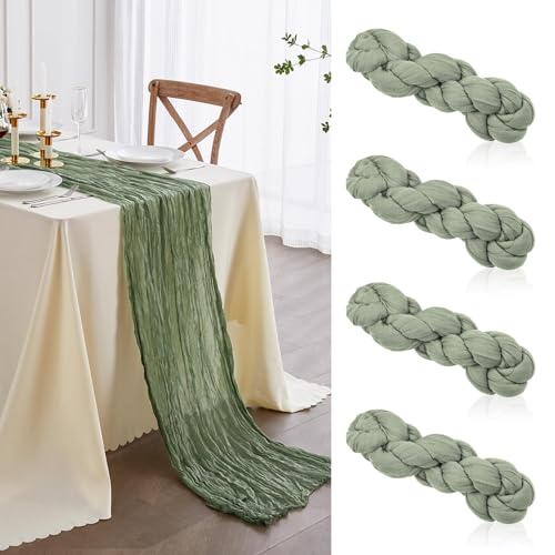 Luriseminger 4pcs Seihtuch Tischläufer 90 x 400cm, Käsetuch Tischläufer Gaze Stoff Boho Cheesecloth Tischläufer Hochzeit Tischdecke für Hochzeitsfeier Brautparty Tischdekoration - Salbeigrün von Luriseminger