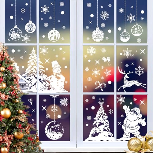 Luriseminger Fensterbilder Weihnachten Selbstklebend, Weiß Weihnachtlich Fenstersticker Schneeflocken Rentier Fensterbilder Weiß PVC Aufkleber für Winter Fenster Weihnachten deko von Luriseminger