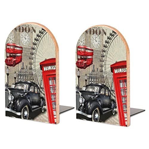 Packung Mit 2 Buchstützen London Vintage Red Bus Telefonzelle Rutschfester Bücherständer Aus Holz Bücherregal Bücherhalter Für Home Desk Office Library von Lurnise