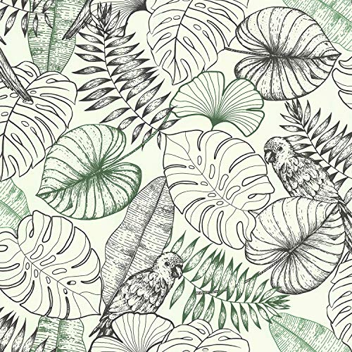 Lutèce Tapete Papagei Grafik, Dschungel | Grün, Schwarz | Vinyl auf Vlies | 51193409 | Schlafzimmer, Wohnzimmer, Flur, Wohnzimmer, Mehrfarbig von Lutèce