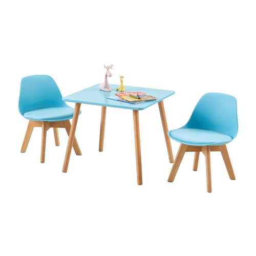 LuxNook Kindertisch mit 2 Stühlen, Kindersitzgruppe, mit Massivholzbeinen, Kindertisch mit Stühlen, Kindermöbel für Kinderzimmer, Kindergarten, für Jungen und Mädchen, blau von LuxNook