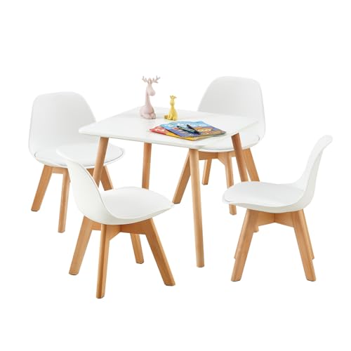 LuxNook Kindertisch mit 4 Stühlen, Kindersitzgruppe, Sitzgruppe für Kinder, mit Massivholzbeinen, ergonomische Rückenlehne, Kindermöbel für Kinderzimmer, Kindergärten, weiß von LuxNook