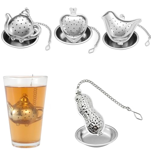 Lxoraziy 4 Stück Edelstahl Süßes Tee-Ei, Teeei LustigTeefilter, Teesieb für Losen Tee, für Teekannen, Tassen, Teeflaschen, für Teeliebhaber, mit Tee-Ei-Tablett von Lxoraziy