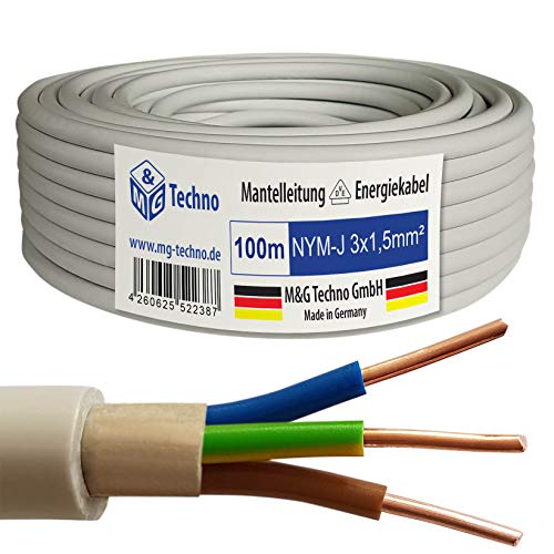 M&G Techno 100m NYM-J 3x1,5 mm² Mantelleitung Elektro Strom Kabel Kupfer eindrähtig Made in Germany von M&G Techno