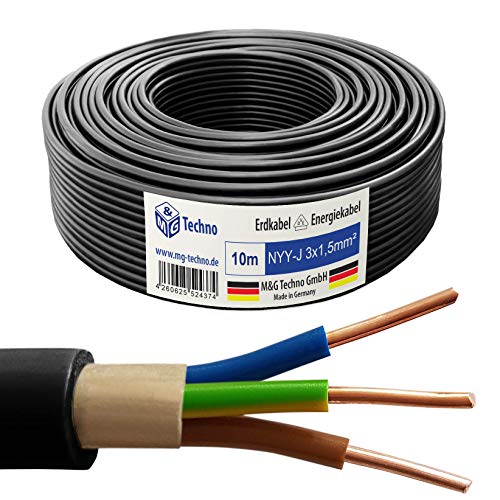 M&G Techno 10m NYY-J 3x1,5 mm² Erdkabel Elektro Strom Kabel Kupfer eindrähtig Made in Germany, 10775, Schwarz von M&G Techno