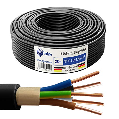 M&G Techno 25m NYY-J 5x1,5 mm² Erdkabel Elektro Strom Kabel Kupfer eindrähtig Made in Germany, 10644, Schwarz von M&G Techno