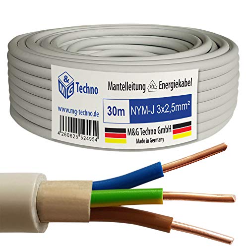 M&G Techno 30m NYM-J 3x2,5 mm² Mantelleitung Feuchtraumkabel Elektrokabel Kupfer Made in Germany, grau von M&G Techno