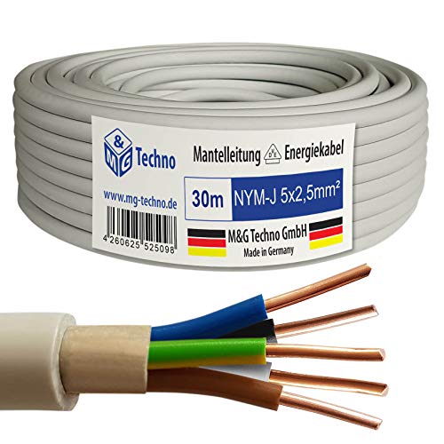 M&G Techno 30m NYM-J 5x2,5 mm² Mantelleitung Feuchtraumkabel Elektrokabel Kupfer Made in Germany, grau von M&G Techno