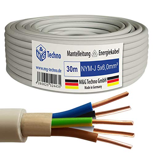 M&G Techno 30m NYM-J 5x6,0 mm² Mantelleitung Elektro Strom Kabel Kupfer eindrähtig Made in Germany, 10786, Grau von M&G Techno