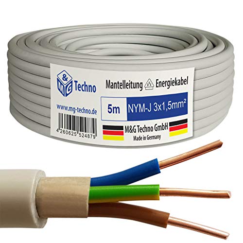 M&G Techno 5m NYM-J 3x1,5 mm² Mantelleitung Feuchtraumkabel Elektrokabel Kupfer Made in Germany, 10917, grau von M&G Techno