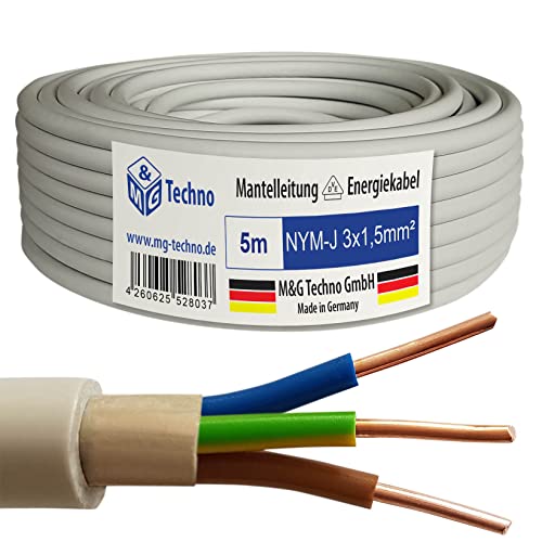 M&G Techno 5m NYM-J 3x1,5 mm² Mantelleitung Feuchtraumkabel Elektrokabel Kupfer Made in Germany von M&G Techno