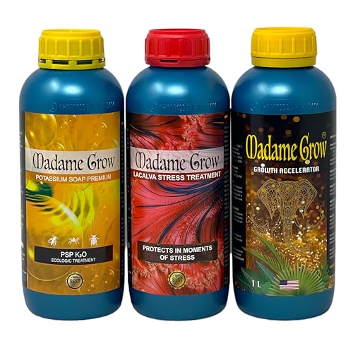 Madame Grow - Kit Iris - Natürliche Düngemittel - Fördert das Wachstum und schützt Ihre Pflanze - Growth Accelerator, Lacalva Stress und Kaliumseife - je 3 x 1 L von MADAME GROW
