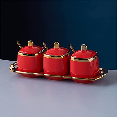 MAGICVOGEL 3er Set Keramik Gewürzdosen mit Tablett Zuckerdosen Salzdosen Gewürzhalter Pfeffer Box Gewürzbehälter Vorratsdosen Set mit Deckel und Löffel (Rot) von MAGICVOGEL
