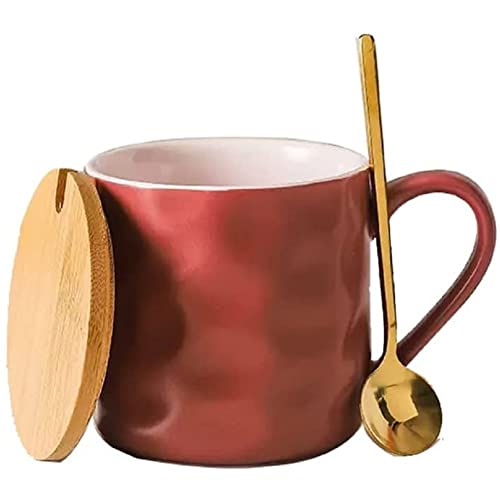 MAGICVOGEL Kaffeetasse mit Holzdeckel und Löffel 400ml große Keramiktasse Modern Kaffeebecher Trinkbecher mit großem Henkel Kakaobecher für Büro und Zuhause (Lila) von MAGICVOGEL