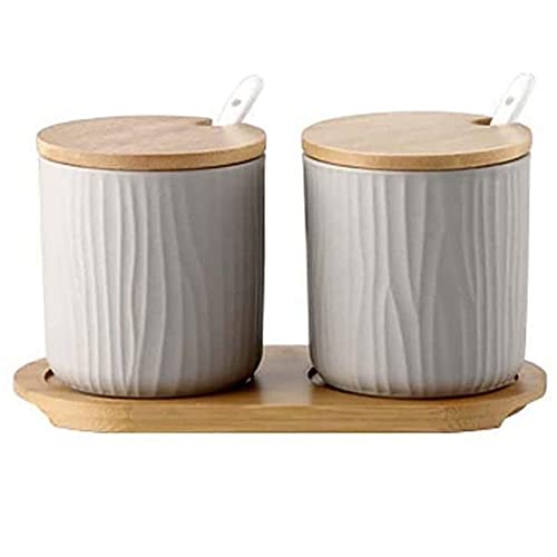 MAGICVOGEL Keramik Gewürzbehälter Salz Pfeffer Gewürze Behälter Dose Zuckerdose mit Deckel und Löffel 2 Stück set für Küche und Esstisch (Grau) von MAGICVOGEL