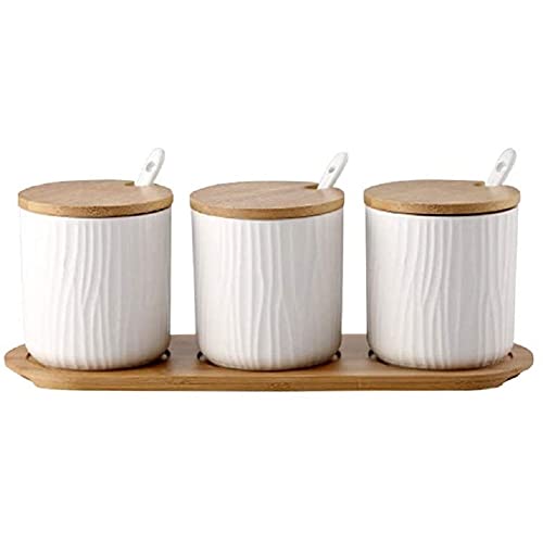 MAGICVOGEL Keramik Gewürzbehälter mit Deckel und Löffel Gewürzdosenset mit Tablett 3er Set Zuckerdose Salzdose Vorratsbehälter für Küche Café Restaurant (Weiß) von MAGICVOGEL