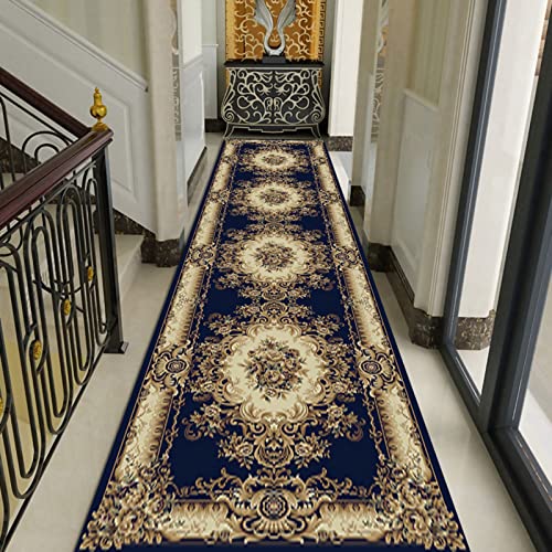 MAGJI Teppich Europäische Antike Läufer, Blau/Gold Deluxe Teppich für Flur Treppe Eingang Küche, 1m/2m/3m/4m/5m/6m/7m Länge Bodenmatte (Size : 80cmx400cm(2.5x13 ft)) von MAGJI