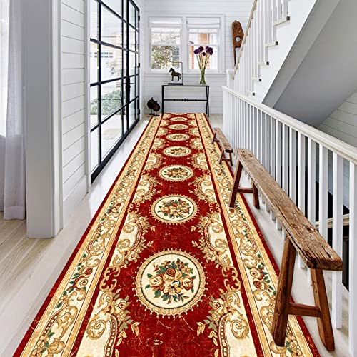 MAGJI Teppich Floraler Läuferteppich im Europäischen Stil, Rot-goldene Teppiche für Wohnzimmer/Flur/Büro, Schwerlast, Anpassbar (Size : 100cmx500cm(3.3ftx16.5ft)) von MAGJI