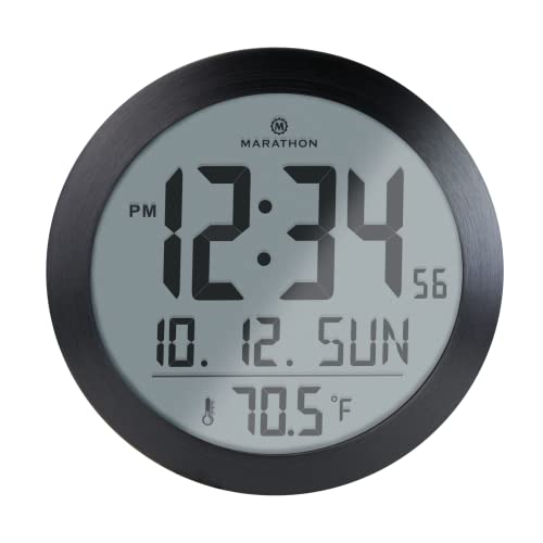 Marathon Miami Wanduhr, digital, rund, leise, integriertes Thermometer, Wandbefestigung, Schreibtisch-Halterung, große Kalenderanzeige, große Ziffern, Schwarz, Batterien enthalten von MARATHON